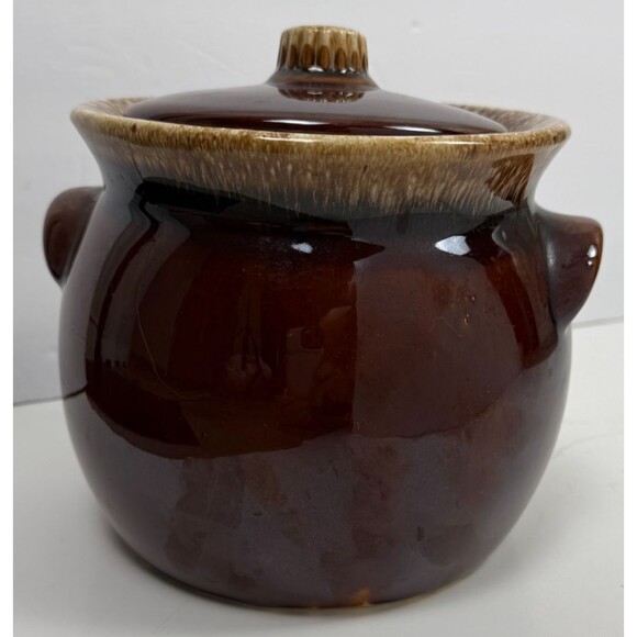 Hull Pottery Vintage Drip Brown Bean Pot Lid Oven Proof Crock USA Made Glaze Jar - Picture 13 of 16